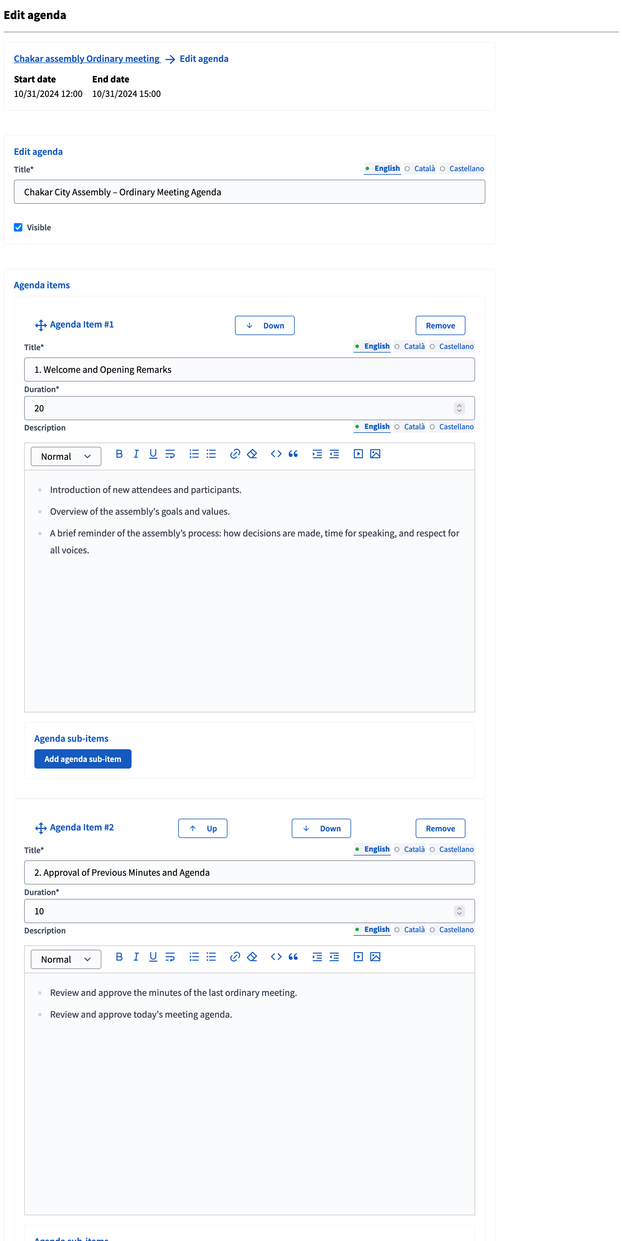 New agenda form in the backend