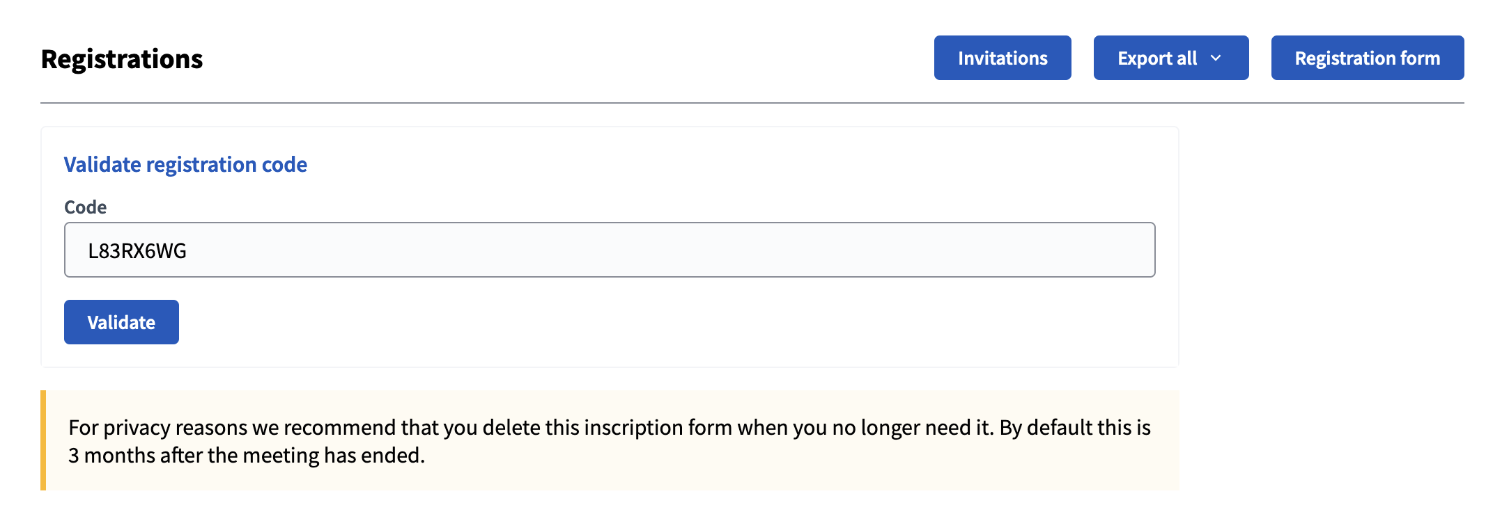 Registration code form in a meeting