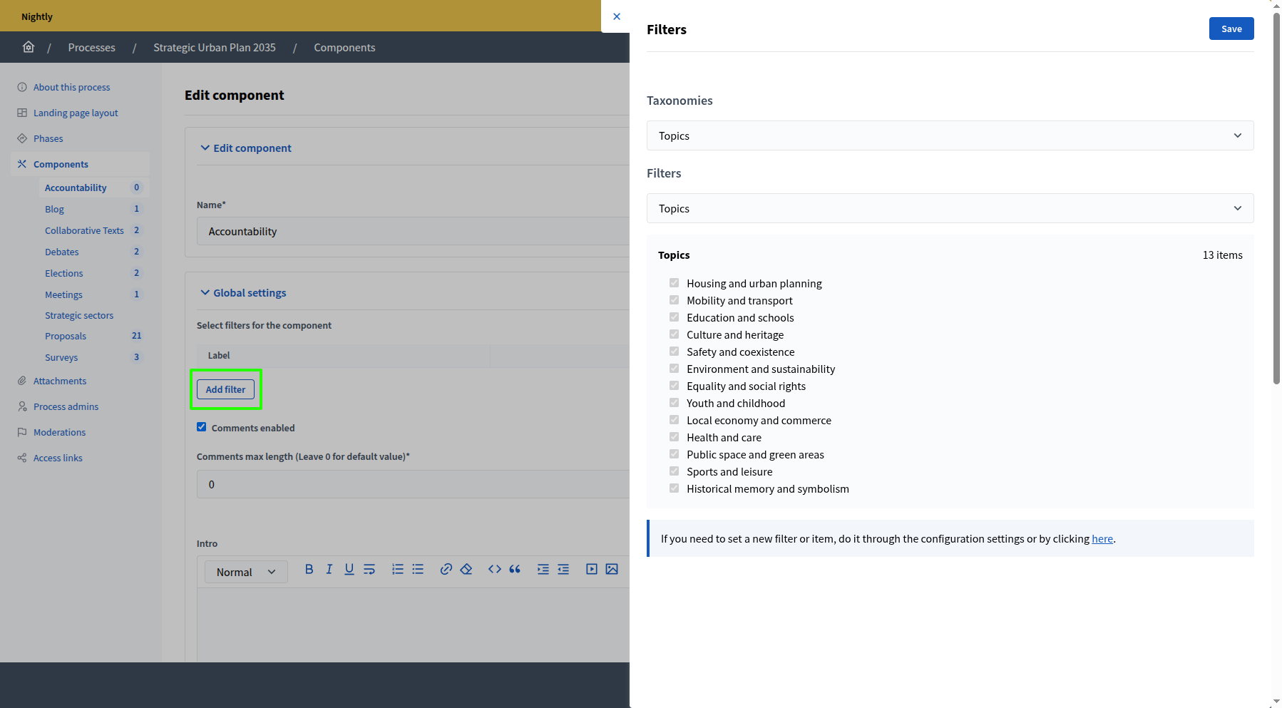 Taxonomies components configuration