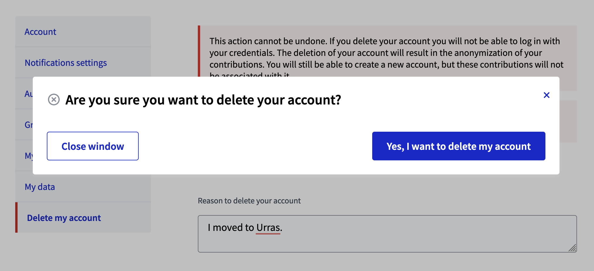 Confirm account deletion