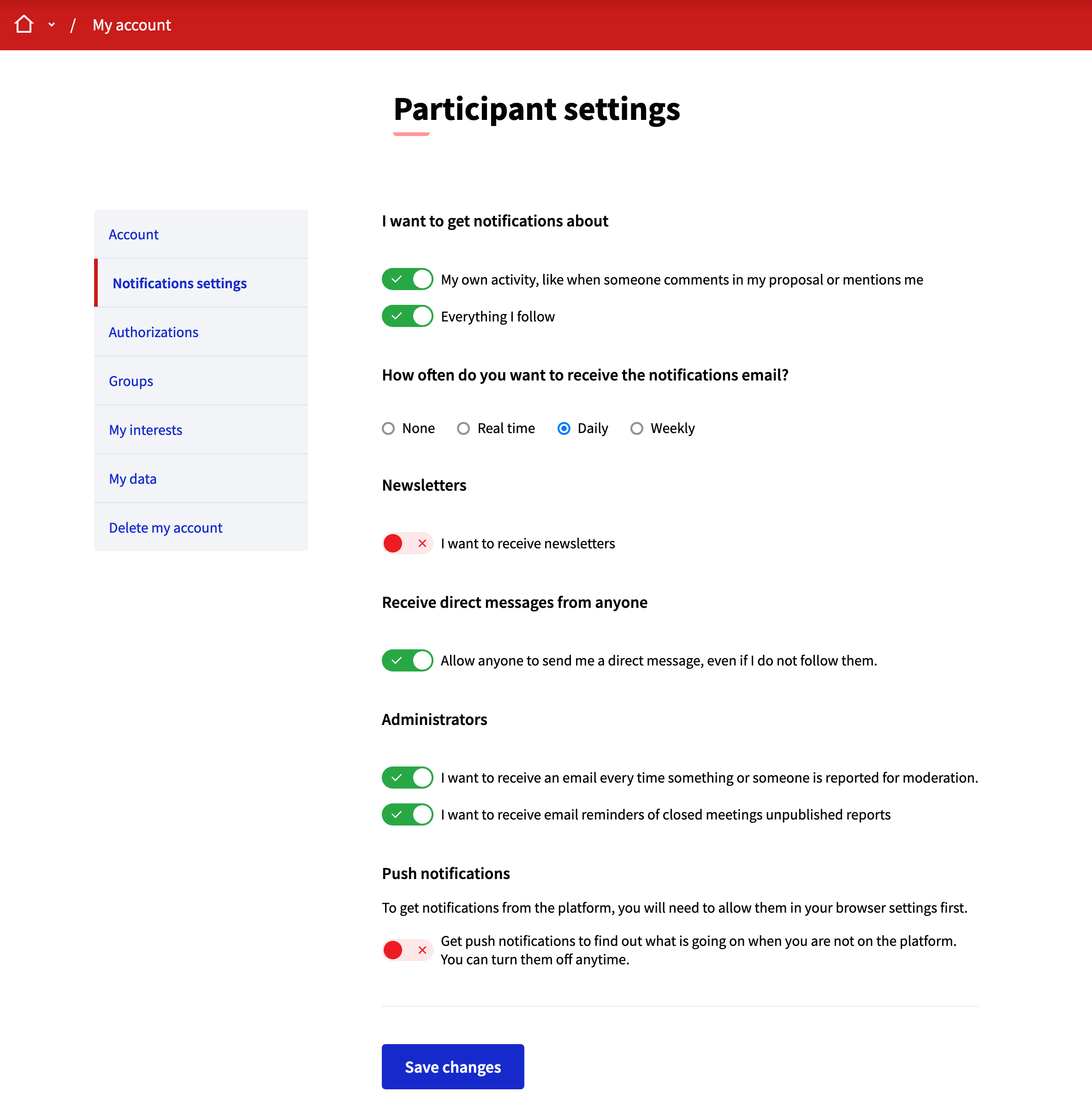 Notifications settings