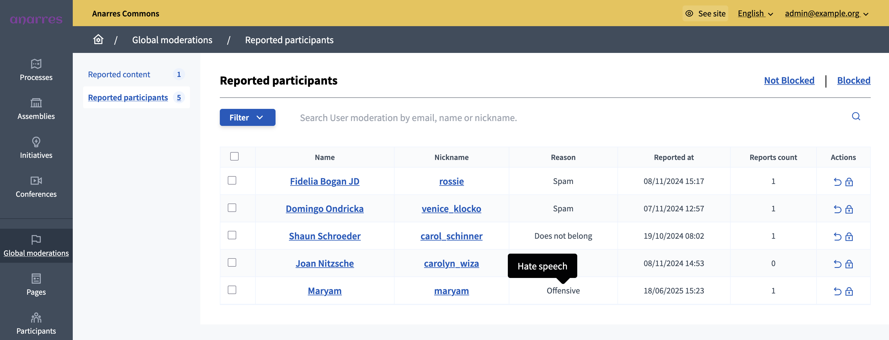 Global moderations panel for users