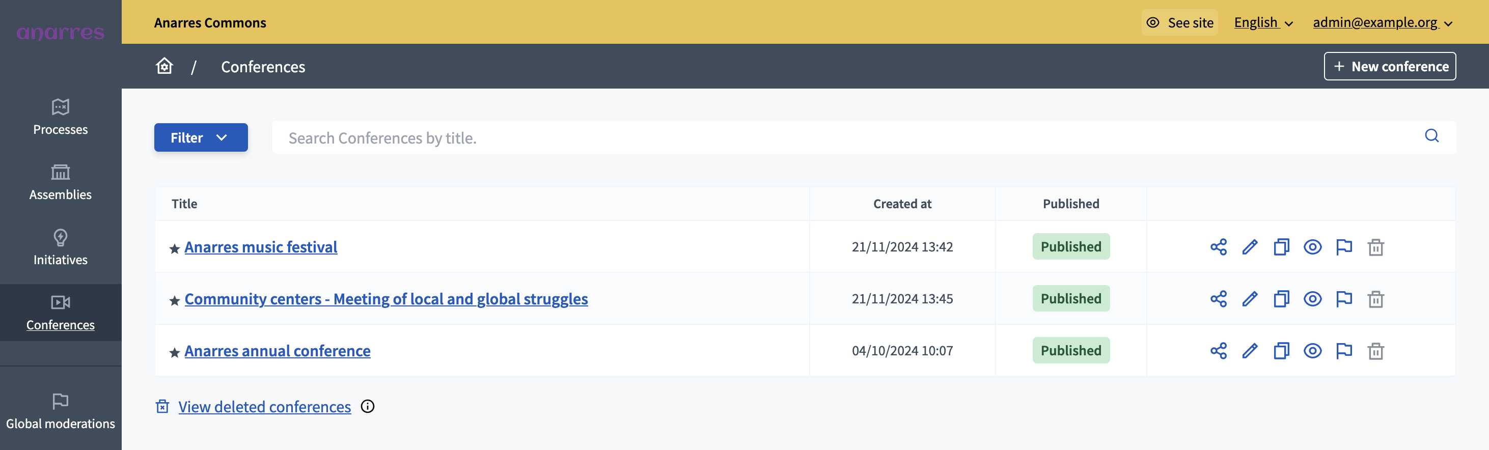 Conferences list in administration panel